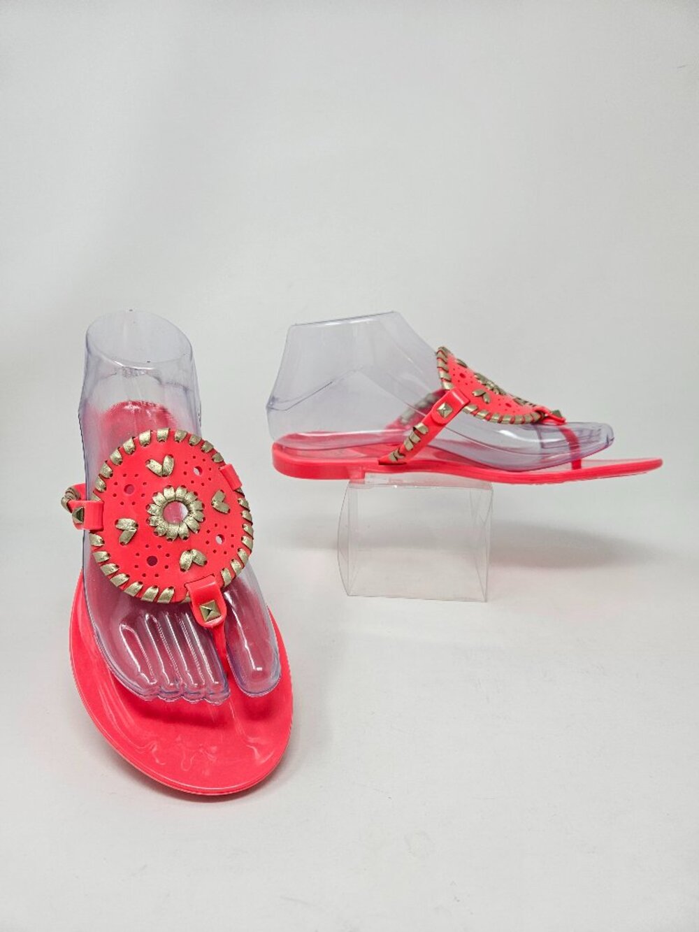 Jack Rogers Size 7 Coral Pink Gold Georgica Jelly Flip Flops Thong Sandals Flat